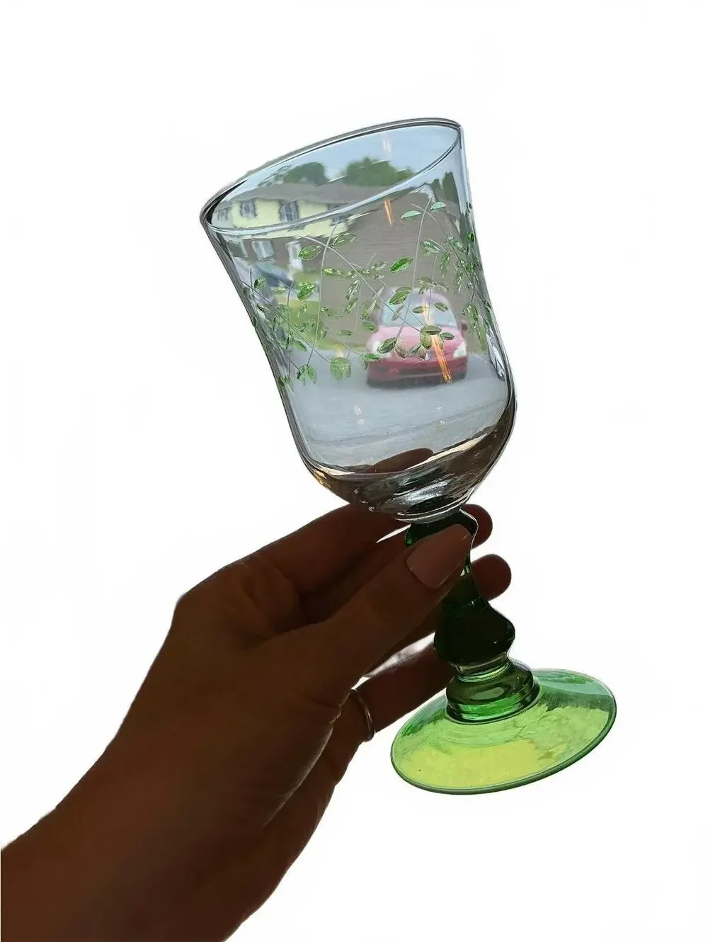 3 Crystal w/ Green Glass Stem Water or Wine Glasses w/Etched Green Leaves